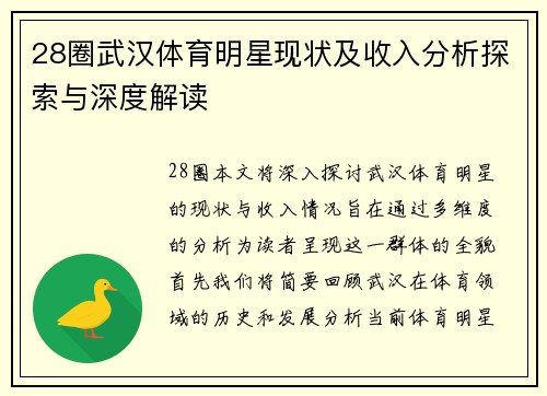 28圈武汉体育明星现状及收入分析探索与深度解读